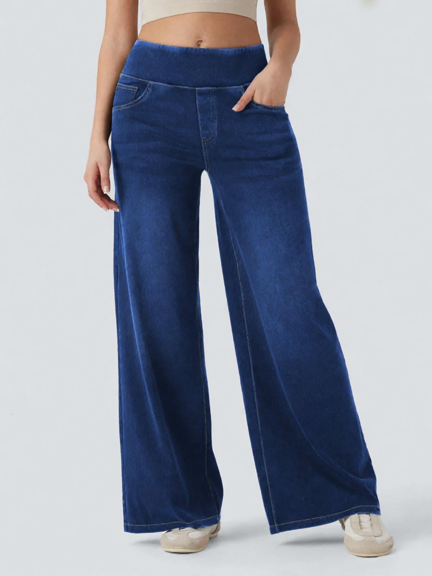 Women's High Waist Stretch Wide Leg Denim Pants | Pull-On Elastic Waist Casual Jeans