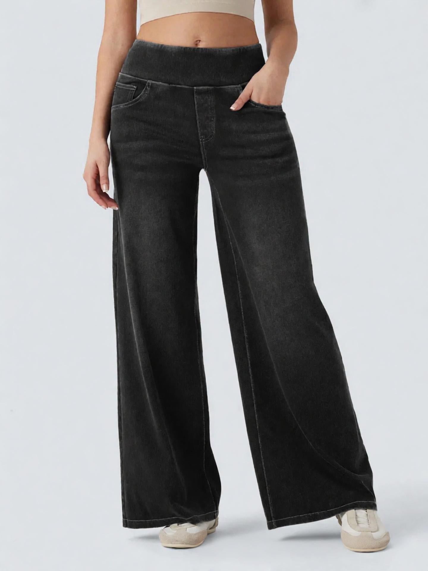 Women's High Waist Stretch Wide Leg Denim Pants | Pull-On Elastic Waist Casual Jeans