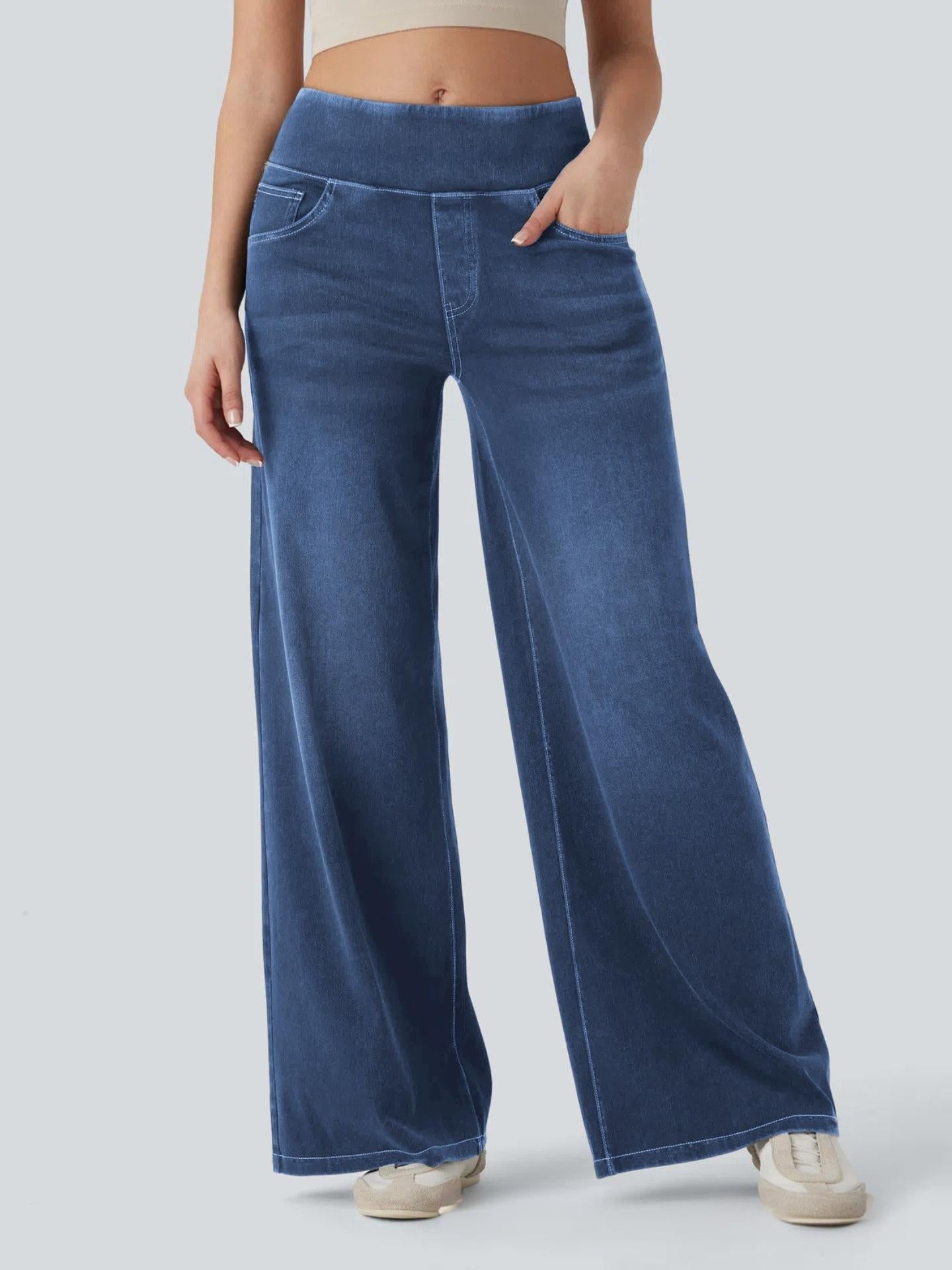 Women's High Waist Stretch Wide Leg Denim Pants | Pull-On Elastic Waist Casual Jeans
