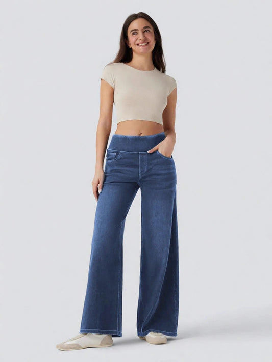 Women's High Waist Stretch Wide Leg Denim Pants | Pull-On Elastic Waist Casual Jeans