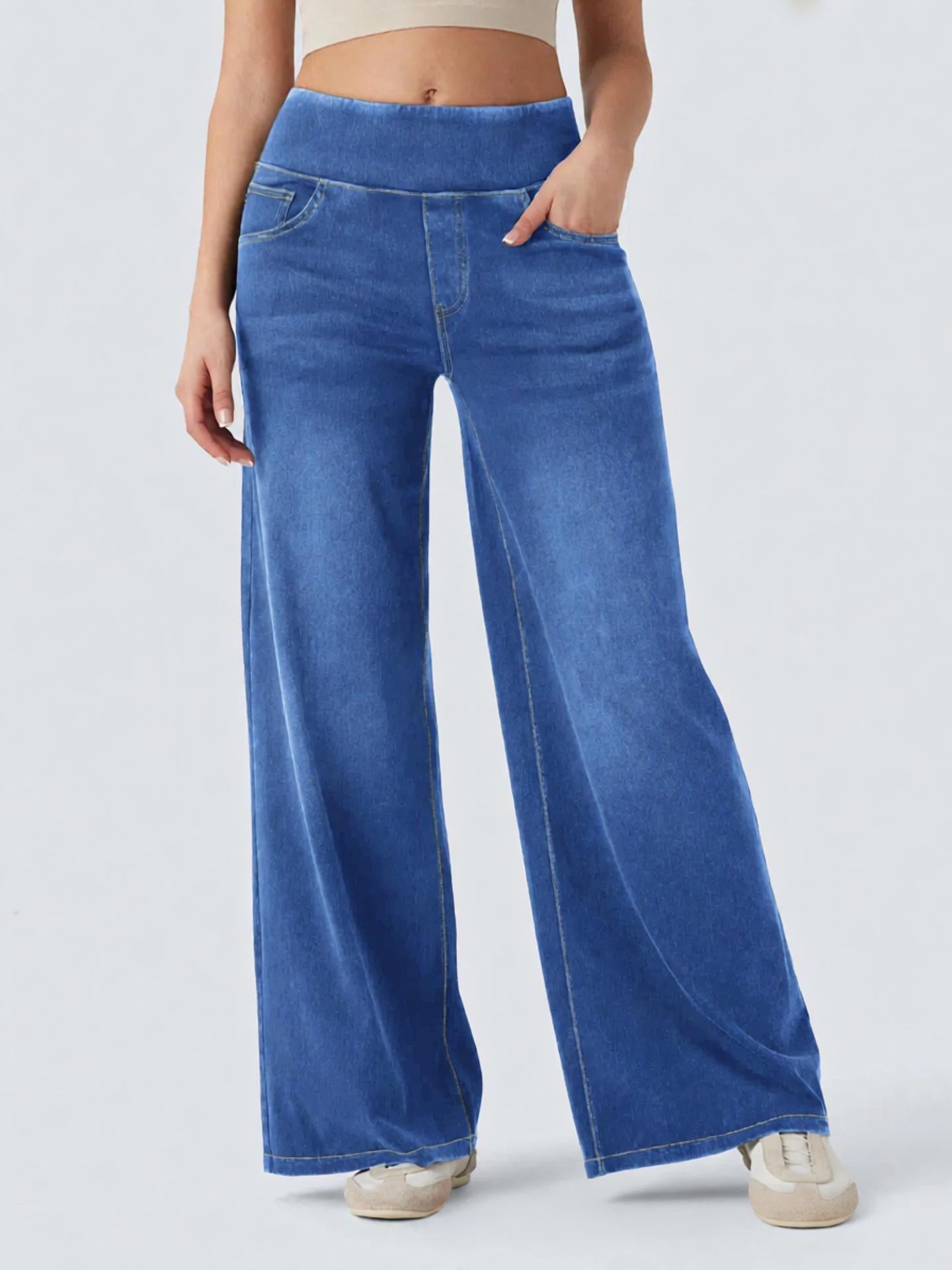 Women's High Waist Stretch Wide Leg Denim Pants | Pull-On Elastic Waist Casual Jeans